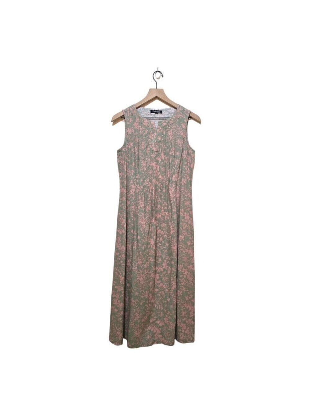 Chadwicks of Boston Green Floral Linen Blend Pleated Sleeveless Midi Dress Sz S